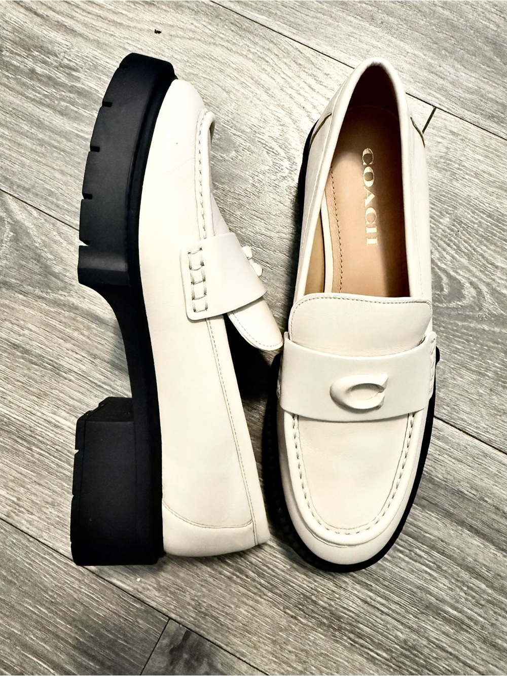 Coach Cream Leather Lug Sole Penny Loafers